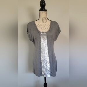 Laura Ashley short cap sleeve gray shirt with sequined front strip in M